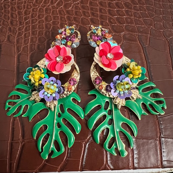 ZARA Gold & Multi Bright Tropical Floral Palm Leaf Dangle Statement Earrings - Picture 12 of 16